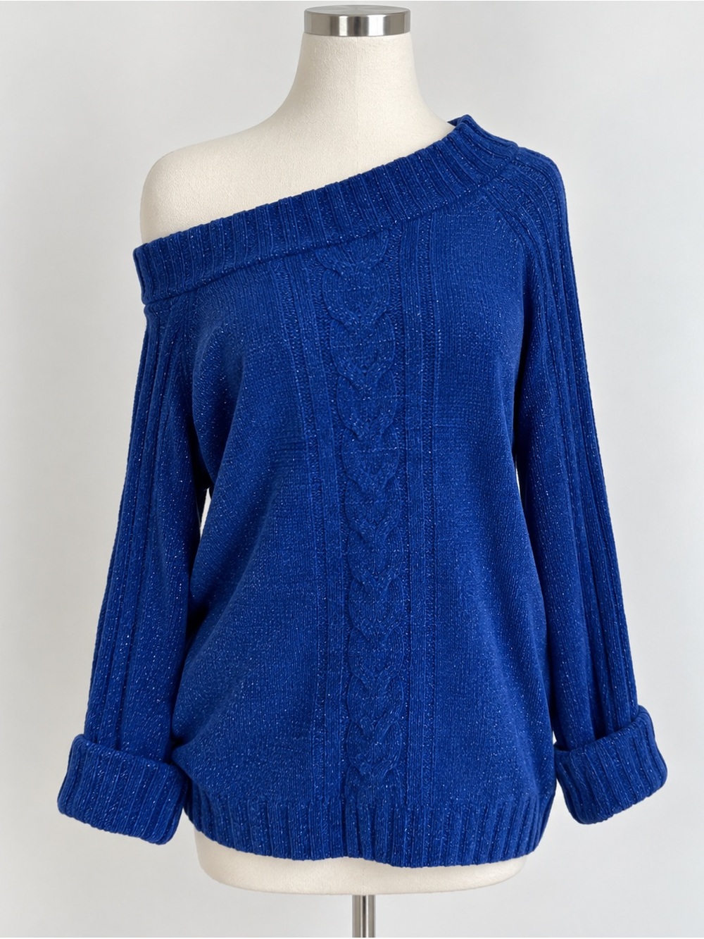 Vintage Royal Blue Chenille Sparkle Sweater | Off-Shoulder Cozy Fit | XS–L